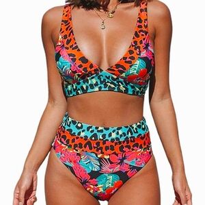 NWT Lisa Frank Inspired Hilinker Tropical Leopard 2 PC High Waisted Swimsuit XXL